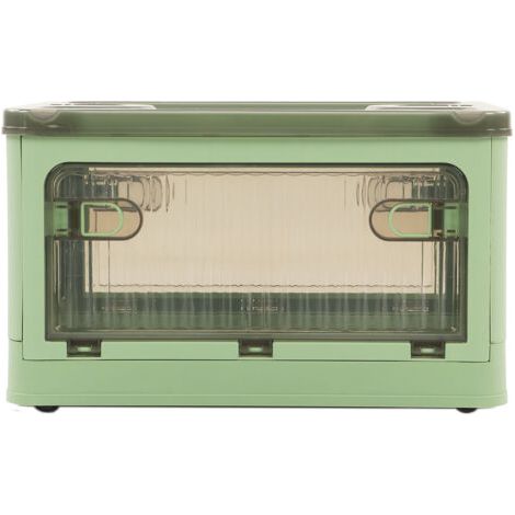 Boîte de rangement pliable en plastique – Petit format – Porte latérale – Transparent – Vert – Roulettes amovibles (1/5)
