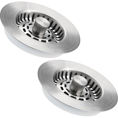 Set mit 2 verbesserten 3-in-1-Küchenspülenstöpseln, Edelstahl-Sieb mit ABS-Sockel, doppelter Gummidichtung, verstopfungs- und geruchsabweisend, Tiefe 28 mm, gebürstetes Nickel (1/5)
