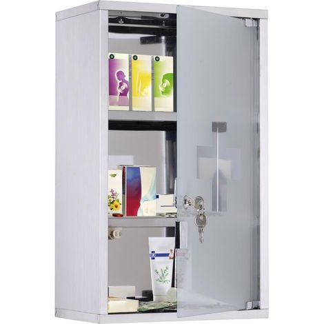 Armoire à pharmacie murale en acier inoxydable,3 niveaux,porte en verre verrouillable avec 2 clés pour un rangement sécurisé