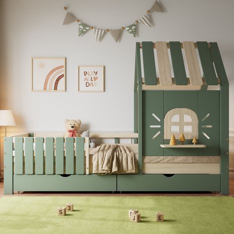 Lit cabane 90x200 cm, lit enfant, avec 2 tiroirs, toit et fenêtre, rebord de fenêtre en bois, clôturé de tous côtés, adapté aux enfants et adolescents - Vert (1/5)