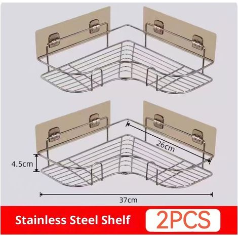 Étagère triangulaire double couche en acier inoxydable (BLANC) sans perçage, idéale pour le rangement d'angle dans la salle de bain, le balcon ou la cuisine. Gain de place et conception durable. (1/5)