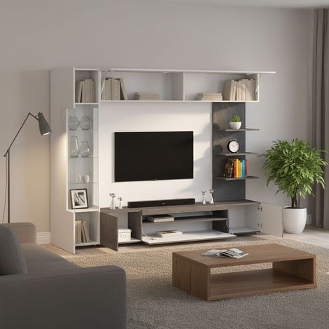 Pared Modular Galatina, Mueble Salón 8 Estantes, Puertas Batientes Made in Italy, 12 Compartimentos, 245x40x191.2h cm Gris Pizarra (1/5)