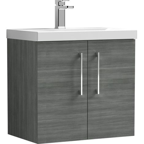 Balterley Contemporary Bathroom Wall Hung 2 Soft-Close Door Vanity Unit & Mid-Edge Ceramic Basin, Anthracite Woodgrain, 600 mm