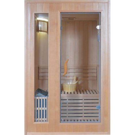 Bagno Italia Sauna Finlandese con stufa Sawo 120x110 cm struttura in legno canadese e porta in vetro (1/4)