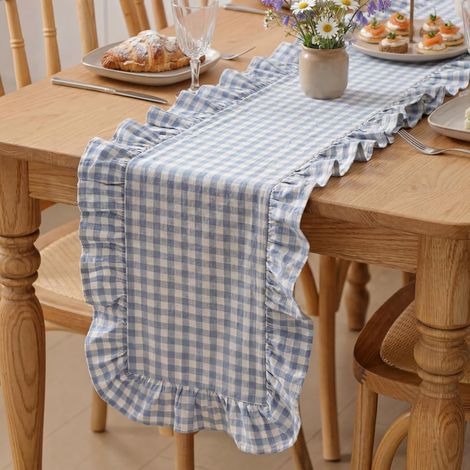 Serviette de table en dentelle bleu à carreaux 35 x 180 cm 100% coton lavable Décor serviette de table de ferme Serviette de cuisine vintage à carreaux Pour couvrir armoire Idéal pour la décoration de (1/5)