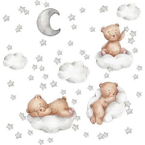 Stickers Muraux Etoile Lune Ourson Autocollant Mural Enfant Amovible DéCoration Murale Ours, Nuages, éToiles et Lune Autocollants Muraux Animaux