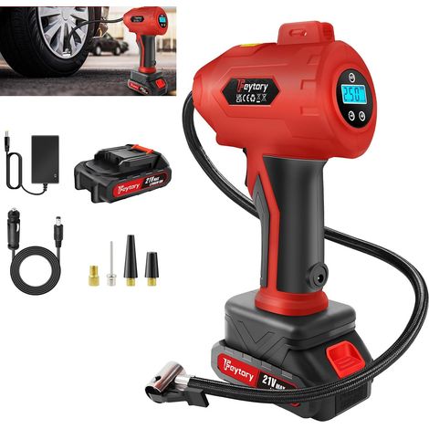Pompe à air de voiture, adaptée au gonflage des pneus, équipée d'une batterie 21V et d'un cordon d'alimentation 12V CC, pompe à air portable 180PSI, avec manomètre numérique, adaptée aux automobiles,  (1/5)