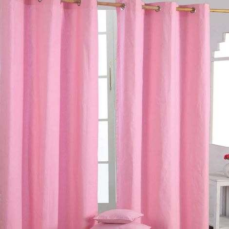 HOMESCAPES Plain Pink Cotton Eyelet Curtains 137 x 228 cm