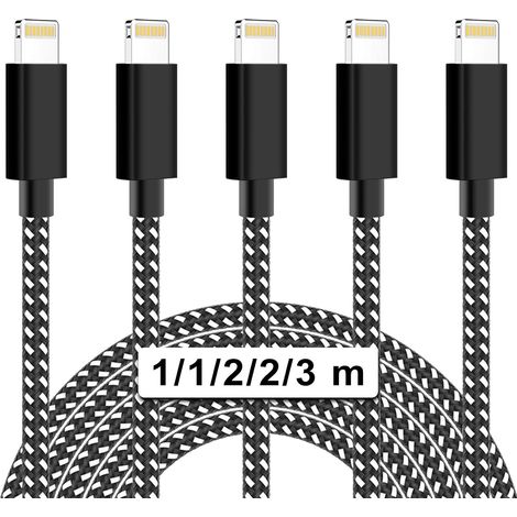 Confezione da 5 cavi di ricarica Lightning intrecciati in nylon per iPhone 11 / 11 Pro / 11 Pro Max / X / XS Max / XR / 8 / 8 Plus / 7 / 7 Plus / 6S / 6S Plus / 6 / 6 Plus / SE (1/5)