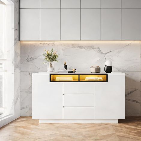 Meuble de salon blanc brillant avec éclairage LED et rangements (1/5)