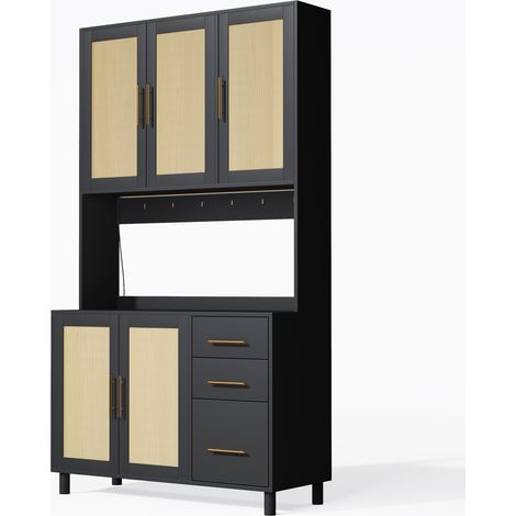 Aparador de cocina negro 183 cm MDF con LED y app, 2 USB, 2 tomas, 3 cajones y ratán (1/5)
