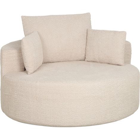 Beyamis Pouf rond en chenille, grand canapé, 2 coussins, 1 dossier, 1 traversin, capacité 250 kg, 130 x 130 x 82 cm, crème (1/5)