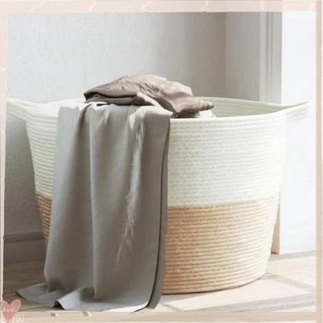 358475 Panier à linge beige et blanc 60x36 cm coton (1/5)