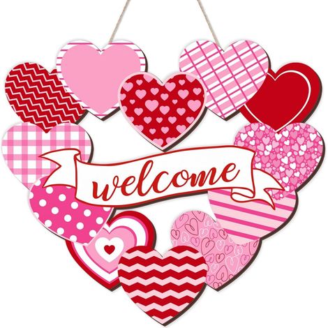 Panneau Porte En Bois Forme Coeur - Motif Coeurs Imprimés - Bannière Bienvenue - Décoration Porte Mur Arbre Pour Saint-Valentin - 35 x 25 cm - 1 Pièce (1/2)