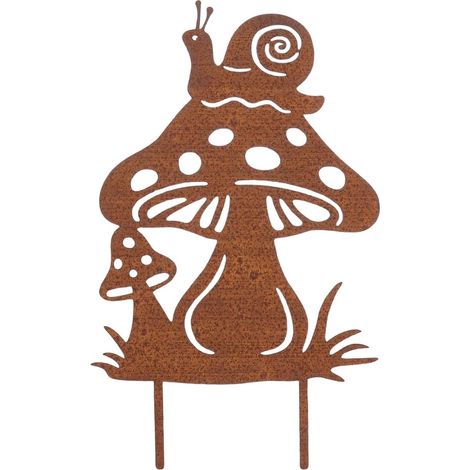 1 Décoration de jardin, Champignon en métal, Finition rouille, Escargot intégré, Pour extérieur, Terrasse, Balcon