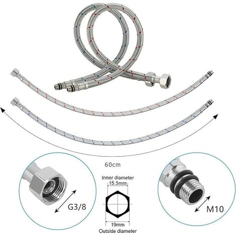 Lot de 2 rallonges de raccordement d'eau - Tuyau flexible 3/8 - 60 cm - En acier inoxydable - Pour cuisine et salle de bain (1/5)