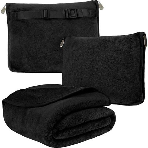 Reisedecke und Kissen, weiche 2-in-1-Flugzeugdecke, faltbar, mit Rucksackgurt, 100 x 150 cm, schwarz (1/4)