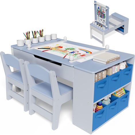 Table pour Enfant avec 2 chaises, en Bois, Groupe de Rangement, Table de coloriage pour Enfants à partir de 3 Ans, Bureau de coloriage et de Bricolage, Bleue (1/5)