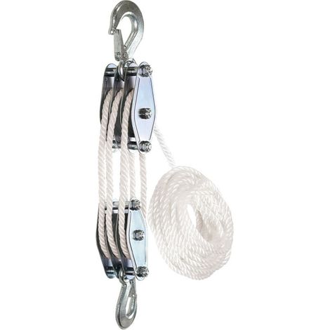Poulie de palan à corde de 1100 livres - Acier galvanisé - 3 Poulies - Levage 2,5m - Corde de nylon résistant de 15 m