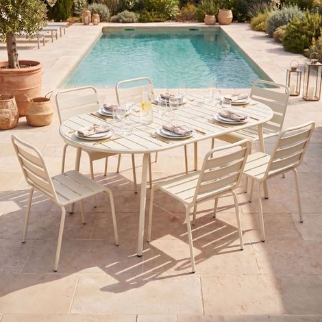 Ensemble table de jardin ovale + 6 chaises en métal beige - BACA (1/4)