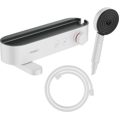 Pack mezclador termostático para baño/ducha HANSGROHE ShowerTablet Select + flexo Designflex + rociador de ducha Pulsify Select de 3 chorros, blanco mate