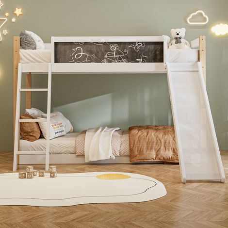 Letto a castello 90x200 cm - per bambini - con scivolo e scaletta - in legno + PB - Bianco