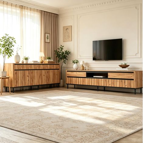Buffet 160x40x73 cm et meuble TV 180x40x52 cm effet bois naturel et noir, structure stable pour salon (1/5)