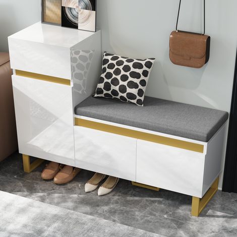 Meuble à Chaussures avec 2 Portes et 1 Tiroir, Banc Coussin, Brillant, Style Moderne, en MDF, Blanc, 120×35×85 cm (1/5)