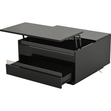 Table basse relevable carrée 70x70x38 cm avec LED, rangement caché et tiroir, finition noir brillant (1/5)