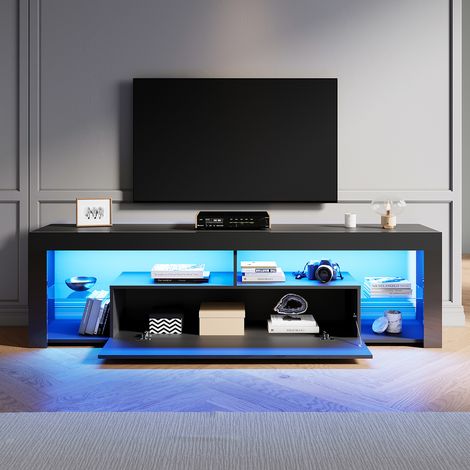 SIRHONA Meuble TV Noir avec lumières LED Meuble tele étagères en verre Espace de rangement Multicouche 180x35x55 cm (1/5)