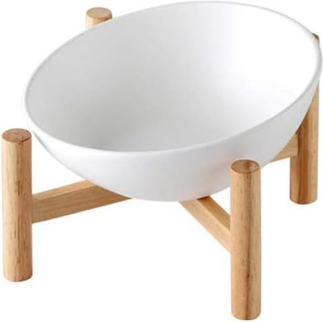 Blanc Porte-gamelle Surélevée Gamelle incliné pour Chien et Chat Céramique avec Bambou Support en Bois Petit- (1/4)