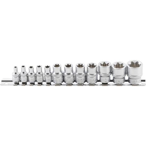 Coffret de 12 douilles Torx femelles E4 à E20 sur réglette – Acier chrome-vanadium – Carré 1/4 et 3/8 – Douille cannelée pour meilleure prise – Automaster (1/2)