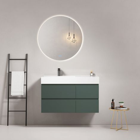 Mobile bagno sospeso 100 cm Verde Comodoro Lavabo a Sinistra in Resina Specchio Tondo Retroilluminato - Fiji Paint
