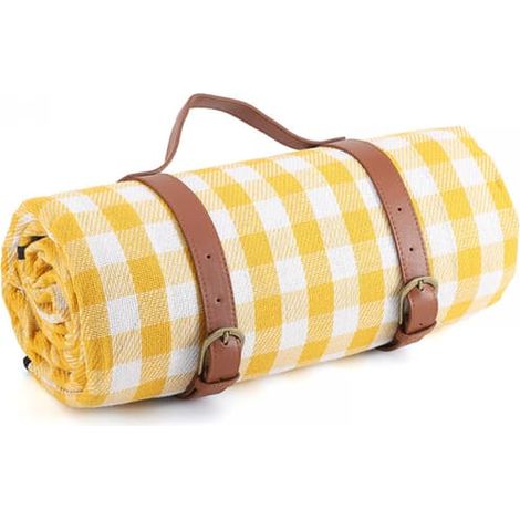 Couverture de pique-nique rectangulaire à rayures et carreaux colorés, avec sangle en cuir jaune (200 cm). (1/4)