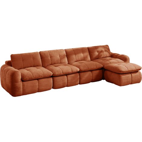 Divano modulare a L 4 posti senza struttura, in ciniglia arancione con pouf (1/5)