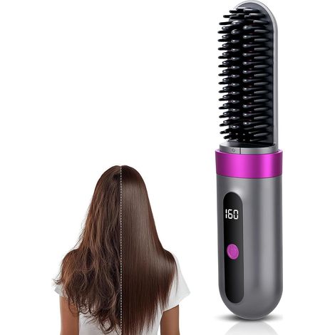 Cepillo alisador de pelo inalámbrico con batería, cepillo alisador de pelo iónico 160-200 °C, 3 niveles de temperatura, pantalla LED, cepillo alisador de pelo de cerámica USB-C, portátil para viajes y (1/5)