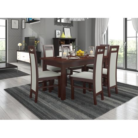 Ensemble table extensible 140-180cm et 6 chaises en bois Noyer foncé et tissu beige clair Mouka (1/4)