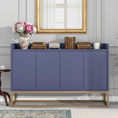Buffet , meuble de rangement à quatre portes, 120x80x30 cm, portes sans poignées, étagères réglables intégrées, pieds en métal, MDF, bleu (1/5)