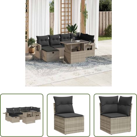 vidaXL Gartentisch mit Beistelltisch - 7-tlg. Garten-Sofagarnitur mit Kissen Hellgrau Poly Rattan (1/5)