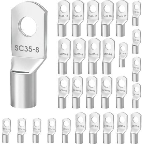 30 Pièces 16mm² M8 Cosses Tubulaires 25mm² 35mm² M10, Cosses de Câble, M8 M10 Bornes Tube Non Isolé, Câble Électriques Ronde à Œillet en Cuivre Étamé pour Marine Automotive Industriel, Argenté (1/5)