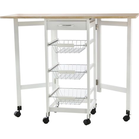 Rolling Drop-Leaf Kitchen Cart with 3 Baskets and Drawer,Versatile Storage Trolley on 6 Wheels,White Oak Finish