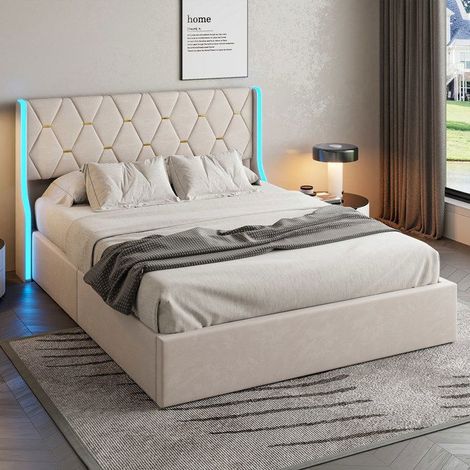 Estructura de cama con arcón 140x200 cm POCKETPOP terciopelo beige con LED y somier de lamas