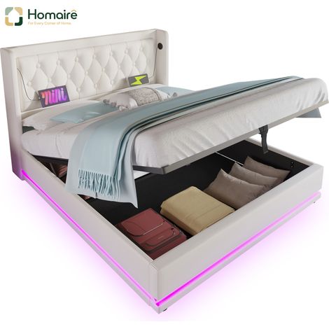 Cadre de lit blanc en cuir avec rangement et port USB 210 x 190 x 101 cm HOMAIRE (1/5)