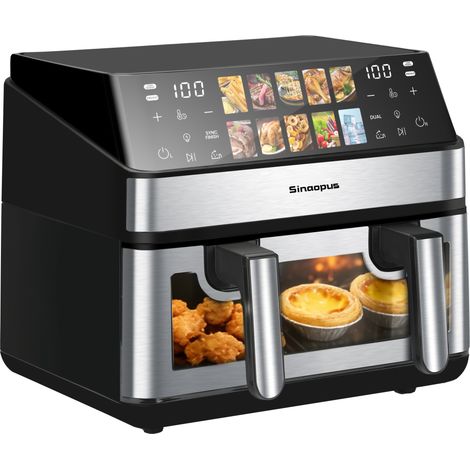 Friteuse sans huile double chambre avec hublot, 10 programmes, écran tactile LED, air fryer à 2 zones avec température max 200 °C, noire - CHICFURN (1/5)