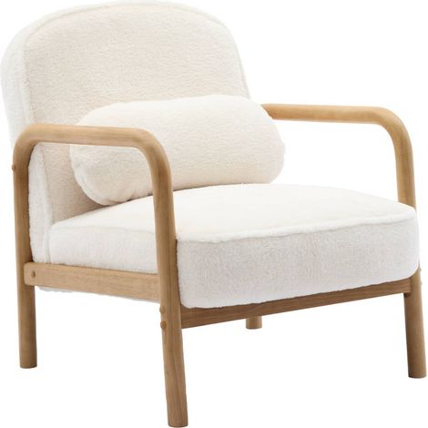 sweeek - Abgerundeter skandinavischer Sessel aus Hevea-Holz und Stoff in Kunstpelz- Look
