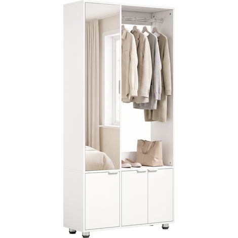 Armoire avec miroir, armoire moderne étroite avec tringle et compartiments de rangement, blanche (1/5)