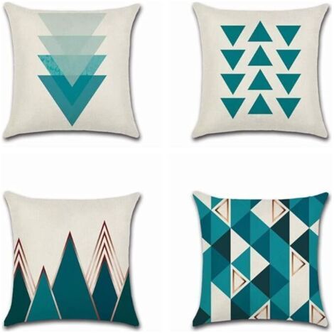 Pair Lot de 4 Housses de Coussin Géométriques Bleues, 45x45 cm, Motif Triangle, Décor Coton & Lin, Maison