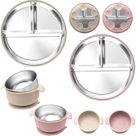 Assiettes En Acier Inoxydable Avec Ventouse Bols Housse En Silicone Amovible Lavables Au Lave-Vaisselle PinkBeige (1/5)