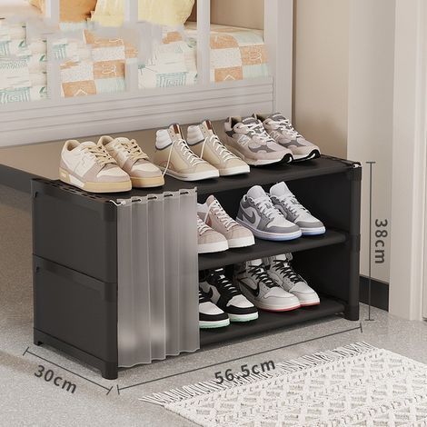 Meuble à chaussures - Meuble à chaussures simple à trois niveaux avec rideau de porte - Noir (1/5)