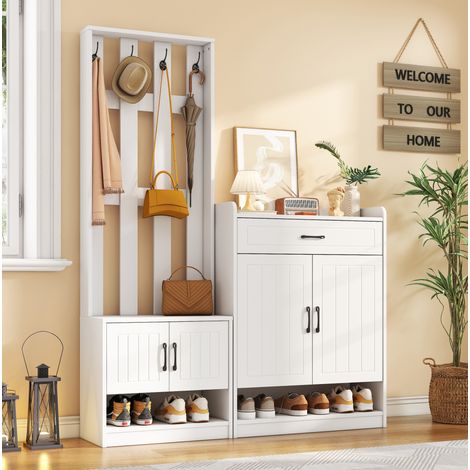 Meuble d'entrée 140,6x32x180 cm en panneaux de bois blanc, avec rangement pour couloir FloraGrace (1/5)